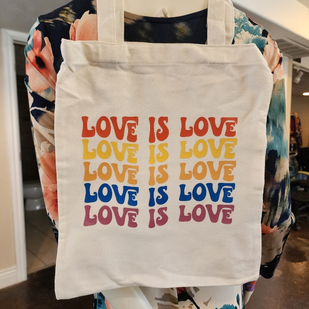 Love is Love canvas tote bag rainbow inspirational reusable 13×14